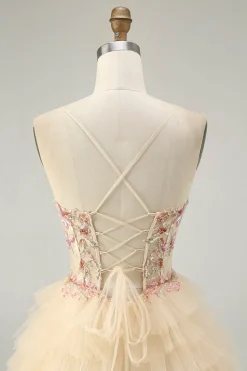 Alças de esparguete de damasco Corset A Line Ruffled Homecoming Dress