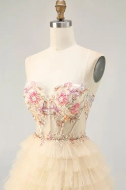 Alças de esparguete de damasco Corset A Line Ruffled Homecoming Dress