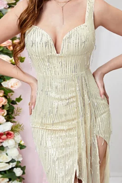 Alças de esparguete de damasco bodycon longo vestido de baile com fenda