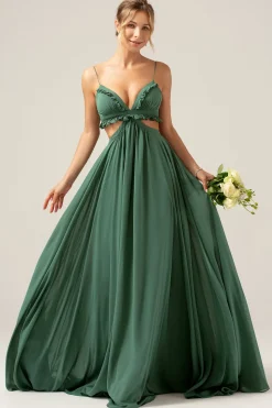 Alças de Esparguete de Eucalipto Vestido Longo de Madrinha Oco com Folhos