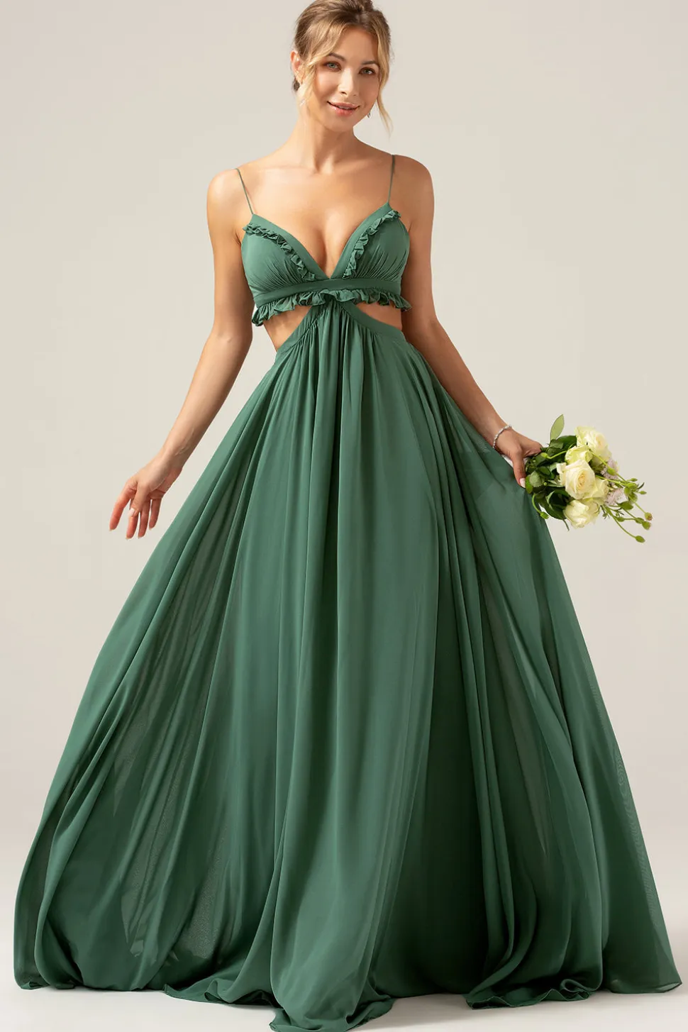 Alças de Esparguete de Eucalipto Vestido Longo de Madrinha Oco com Folhos
