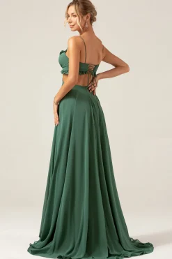 Alças de Esparguete de Eucalipto Vestido Longo de Madrinha Oco com Folhos