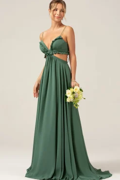Alças de Esparguete de Eucalipto Vestido Longo de Madrinha Oco com Folhos