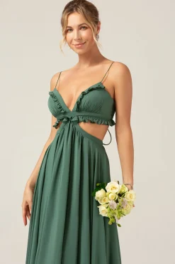 Alças de Esparguete de Eucalipto Vestido Longo de Madrinha Oco com Folhos
