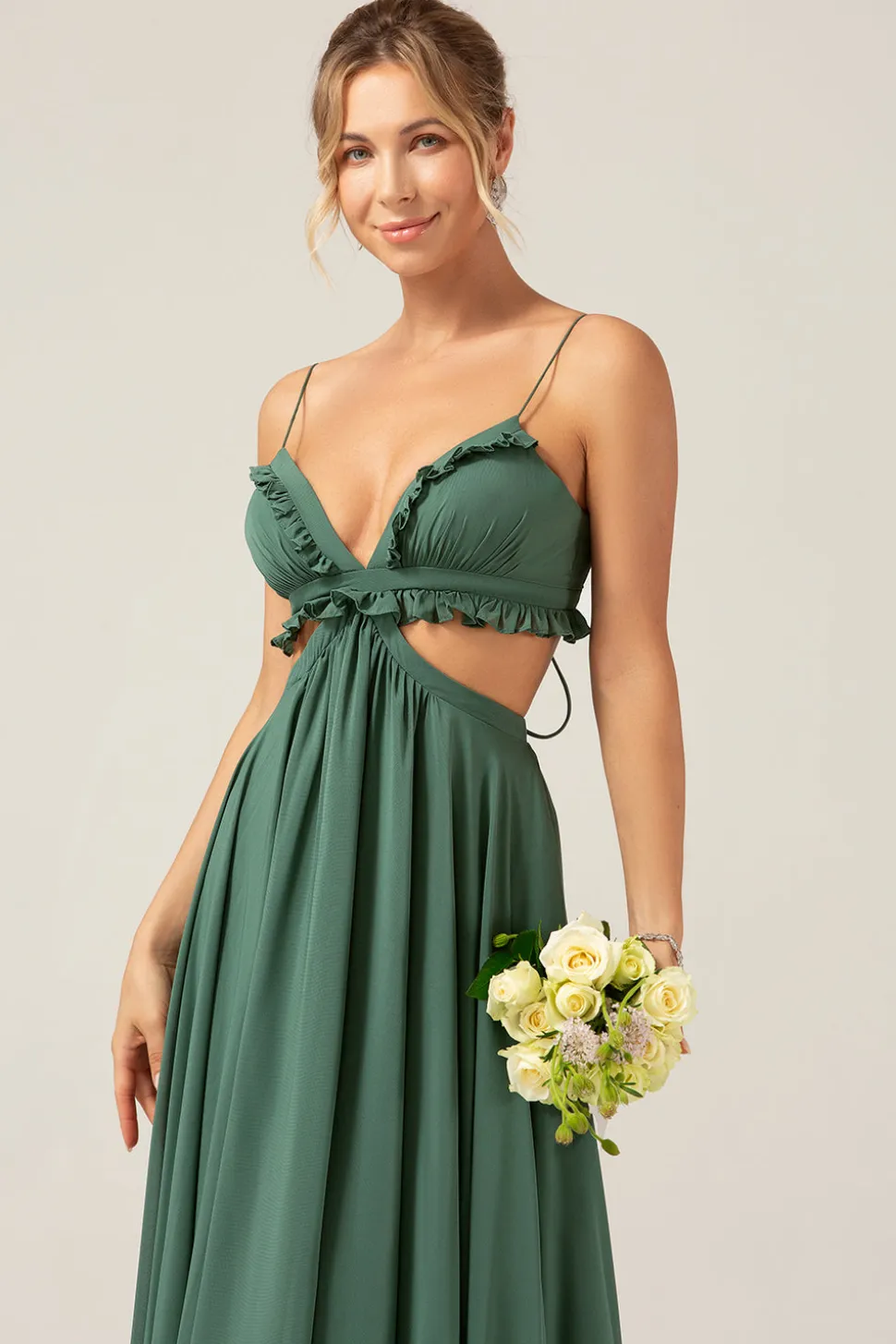 Alças de Esparguete de Eucalipto Vestido Longo de Madrinha Oco com Folhos