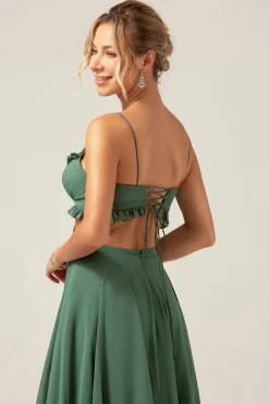 Alças de Esparguete de Eucalipto Vestido Longo de Madrinha Oco com Folhos