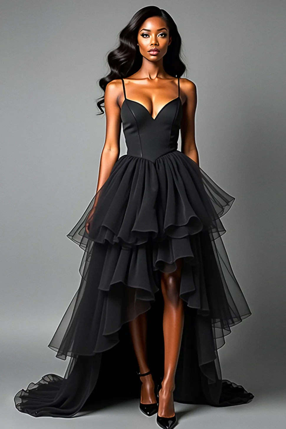 Alças de Esparguete Folhos Preto Um Vestido Formal Linha