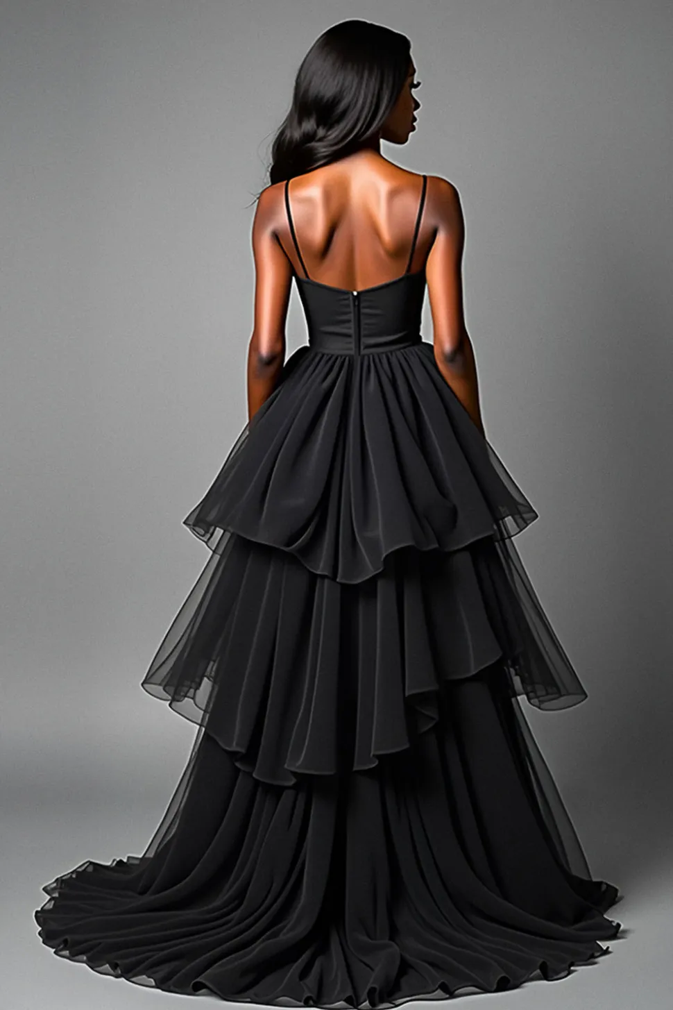 Alças de Esparguete Folhos Preto Um Vestido Formal Linha