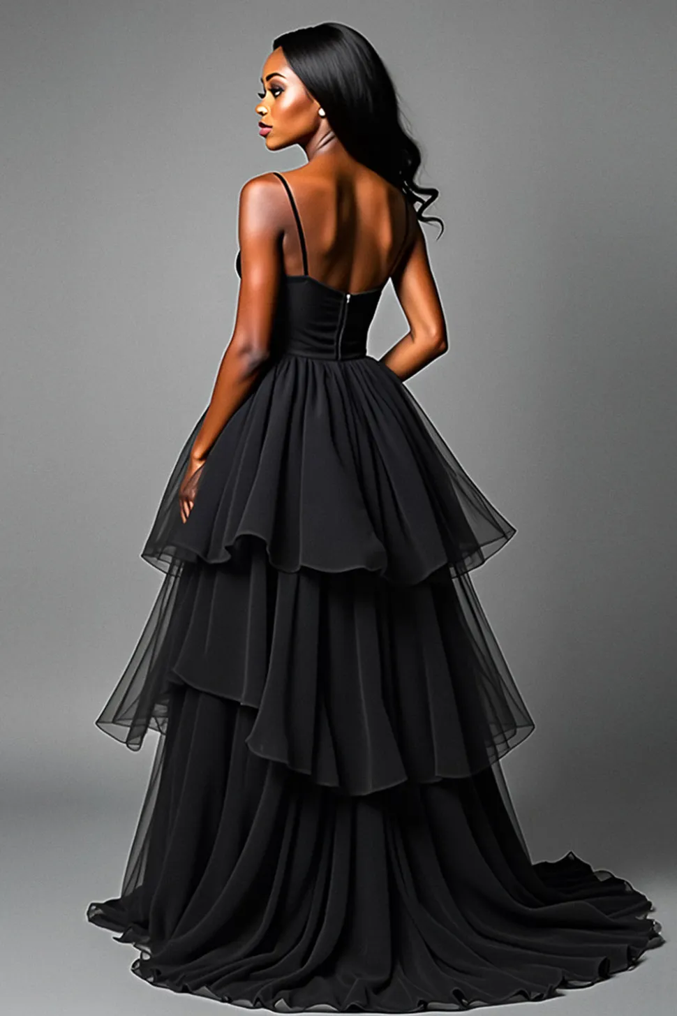 Alças de Esparguete Folhos Preto Um Vestido Formal Linha