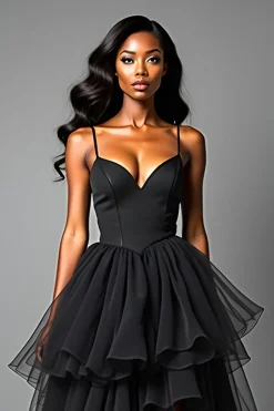 Alças de Esparguete Folhos Preto Um Vestido Formal Linha