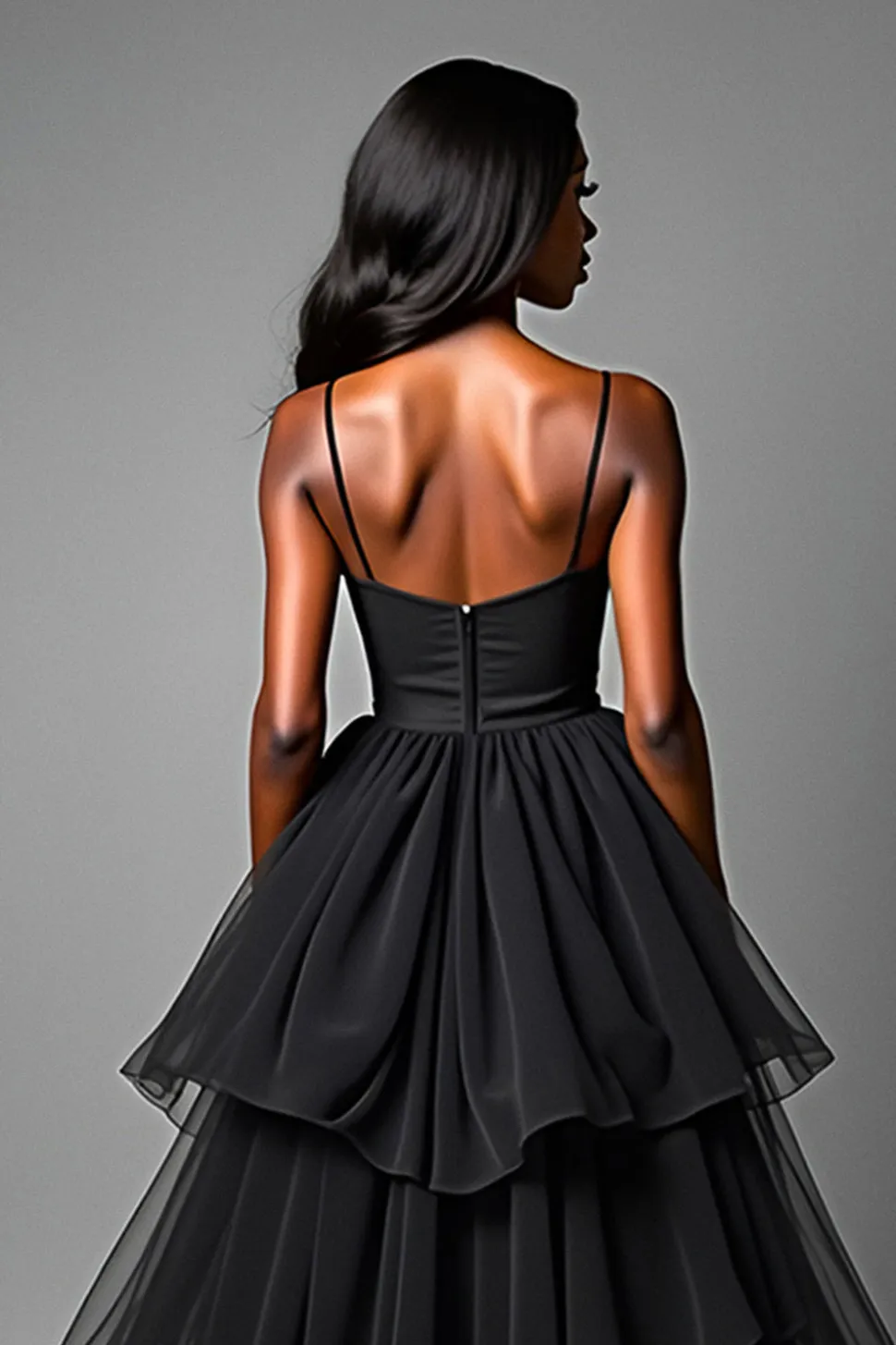 Alças de Esparguete Folhos Preto Um Vestido Formal Linha