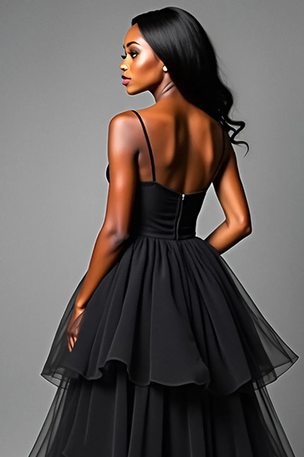 Alças de Esparguete Folhos Preto Um Vestido Formal Linha