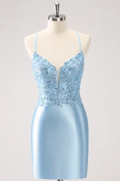 Alças Espaguete Azul Apertado Vestido Curto Homecoming com Apliques