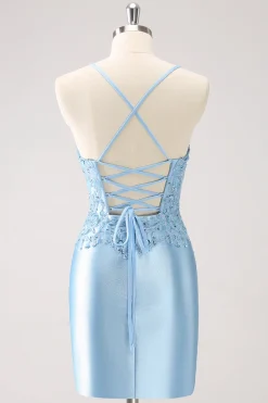 Alças Espaguete Azul Apertado Vestido Curto Homecoming com Apliques