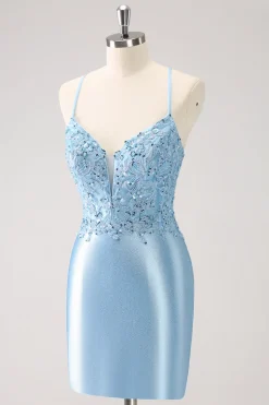 Alças Espaguete Azul Apertado Vestido Curto Homecoming com Apliques