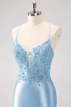 Alças Espaguete Azul Apertado Vestido Curto Homecoming com Apliques