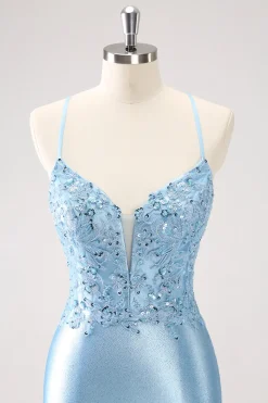 Alças Espaguete Azul Apertado Vestido Curto Homecoming com Apliques