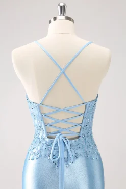Alças Espaguete Azul Apertado Vestido Curto Homecoming com Apliques