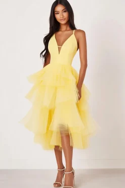 Alças Esparguete Amarelas Uma Linha Tule Vestido Formal Longo
