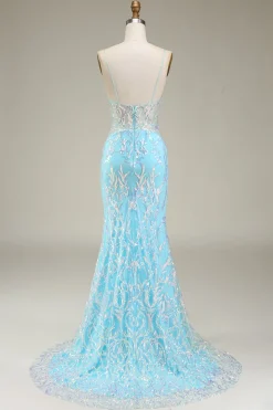 Alças Esparguete Azul Brilhante Sereia Vestido de Baile