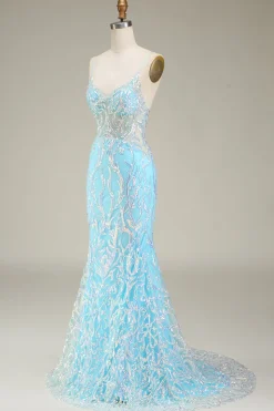 Alças Esparguete Azul Brilhante Sereia Vestido de Baile