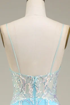 Alças Esparguete Azul Brilhante Sereia Vestido de Baile