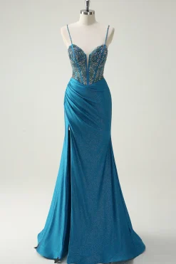 Alças Esparguete Azul Brilhante V-Neck Ruched Long Prom Dress com Missangas