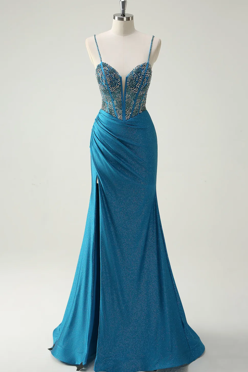 Alças Esparguete Azul Brilhante V-Neck Ruched Long Prom Dress com Missangas