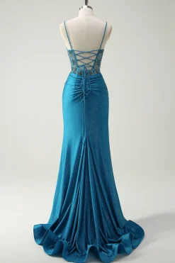 Alças Esparguete Azul Brilhante V-Neck Ruched Long Prom Dress com Missangas