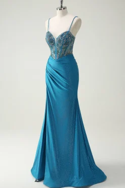 Alças Esparguete Azul Brilhante V-Neck Ruched Long Prom Dress com Missangas