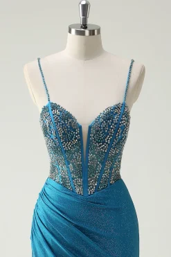 Alças Esparguete Azul Brilhante V-Neck Ruched Long Prom Dress com Missangas