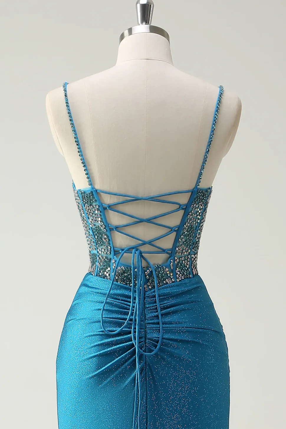 Alças Esparguete Azul Brilhante V-Neck Ruched Long Prom Dress com Missangas