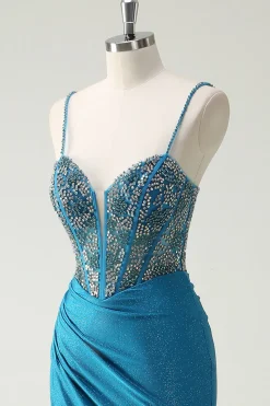 Alças Esparguete Azul Brilhante V-Neck Ruched Long Prom Dress com Missangas
