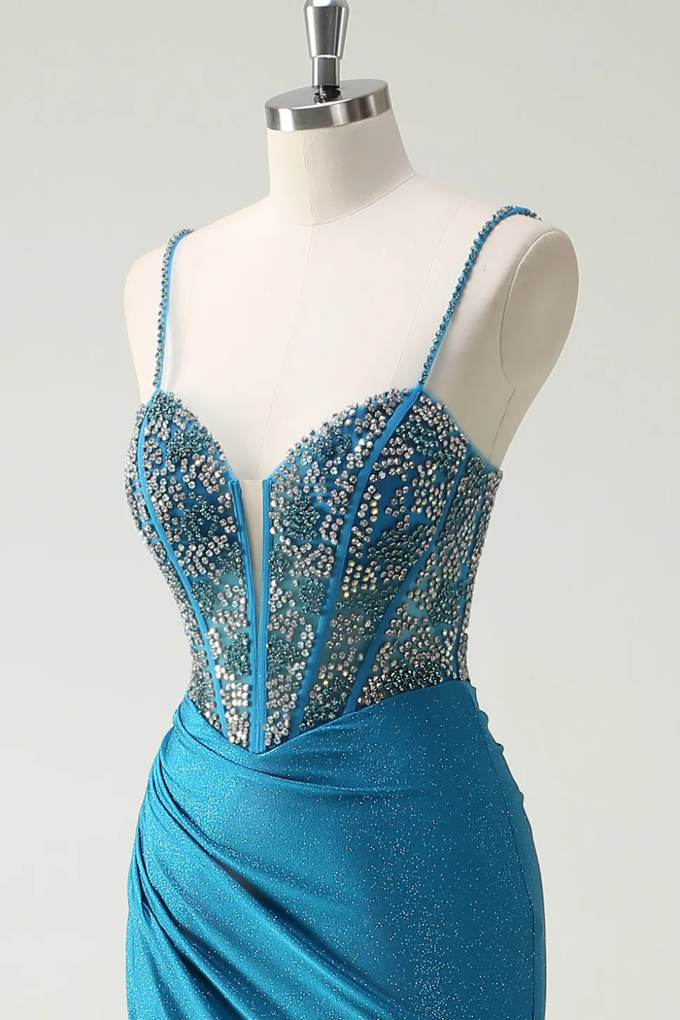 Alças Esparguete Azul Brilhante V-Neck Ruched Long Prom Dress com Missangas