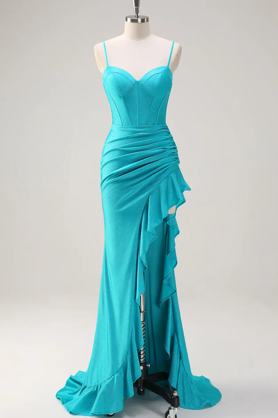 Alças Esparguete Azul Sereia Frisado Longo Corset Prom Dress com Folhos Fenda