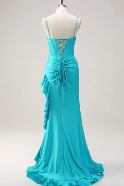 Alças Esparguete Azul Sereia Frisado Longo Corset Prom Dress com Folhos Fenda