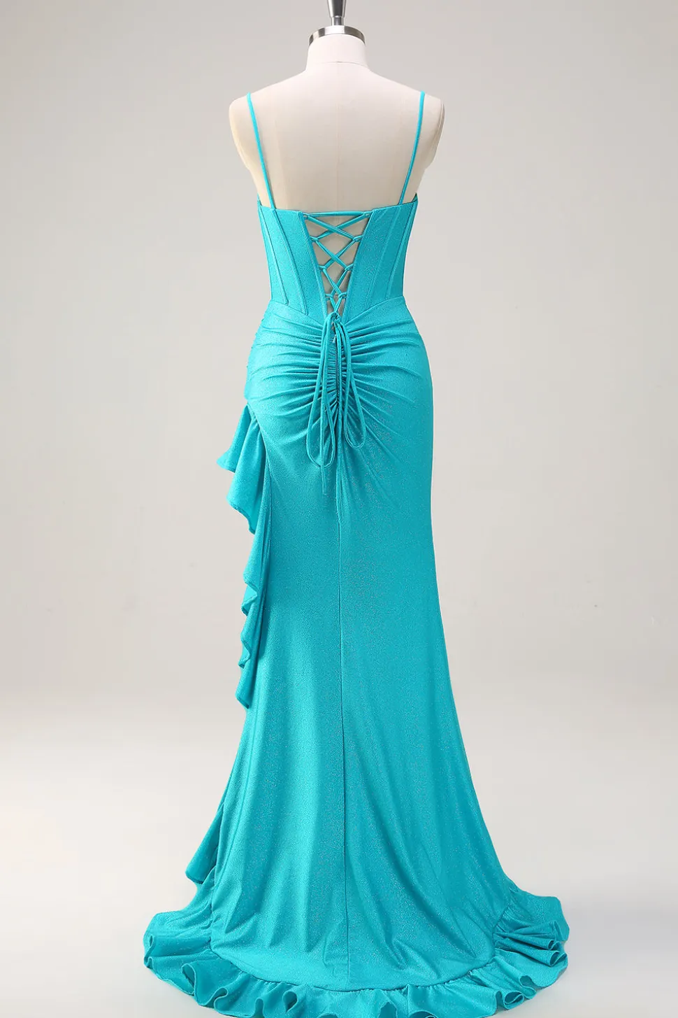 Alças Esparguete Azul Sereia Frisado Longo Corset Prom Dress com Folhos Fenda