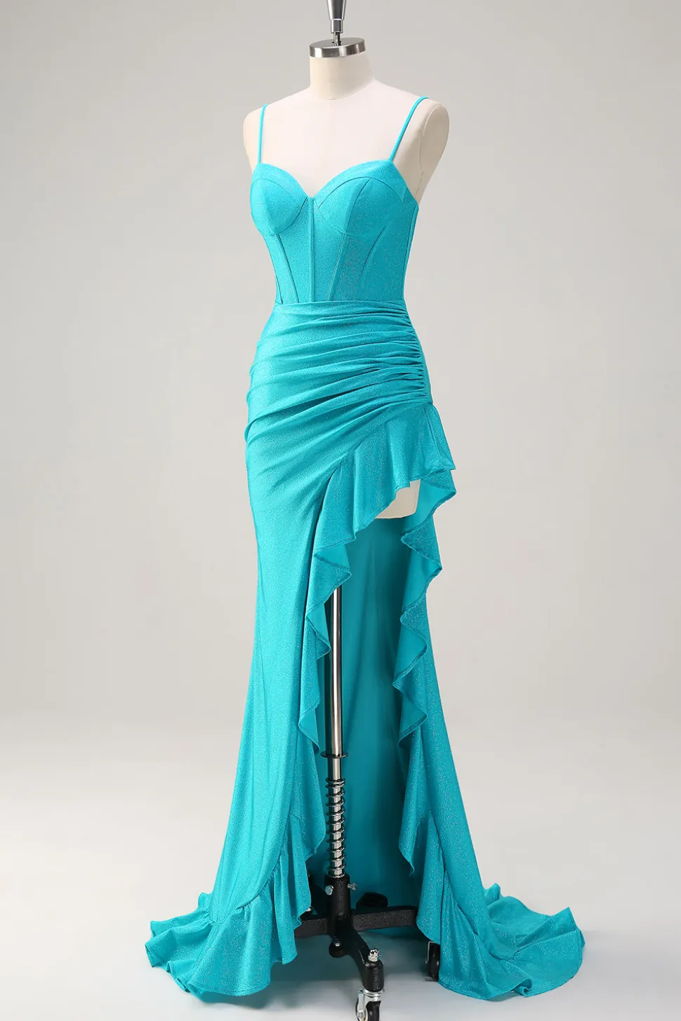 Alças Esparguete Azul Sereia Frisado Longo Corset Prom Dress com Folhos Fenda