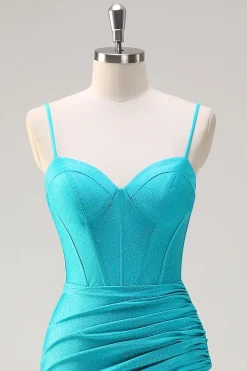Alças Esparguete Azul Sereia Frisado Longo Corset Prom Dress com Folhos Fenda