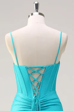 Alças Esparguete Azul Sereia Frisado Longo Corset Prom Dress com Folhos Fenda