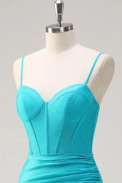 Alças Esparguete Azul Sereia Frisado Longo Corset Prom Dress com Folhos Fenda