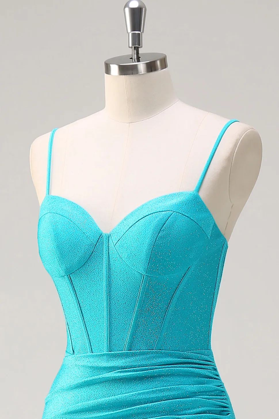 Alças Esparguete Azul Sereia Frisado Longo Corset Prom Dress com Folhos Fenda
