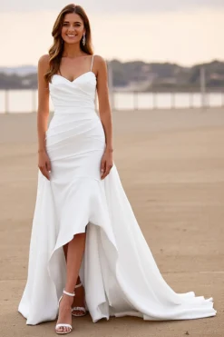 Alças Esparguete Branco Ruched High Low Vestido de Noiva