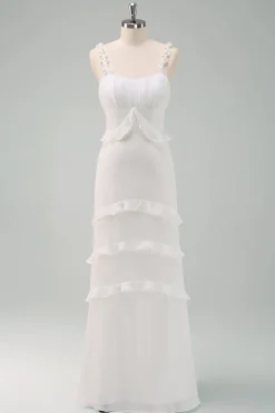 Alças Esparguete Branco Sereia Vestido Longo Baile de Formatura com Folhos