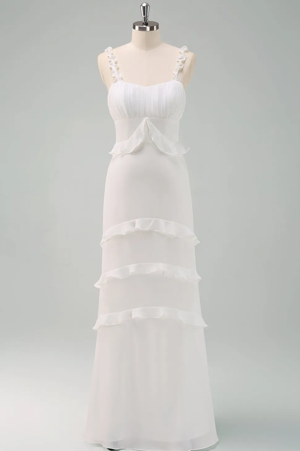 Alças Esparguete Branco Sereia Vestido Longo Baile de Formatura com Folhos