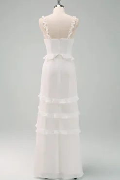 Alças Esparguete Branco Sereia Vestido Longo Baile de Formatura com Folhos