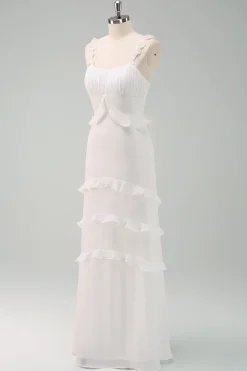 Alças Esparguete Branco Sereia Vestido Longo Baile de Formatura com Folhos