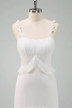 Alças Esparguete Branco Sereia Vestido Longo Baile de Formatura com Folhos
