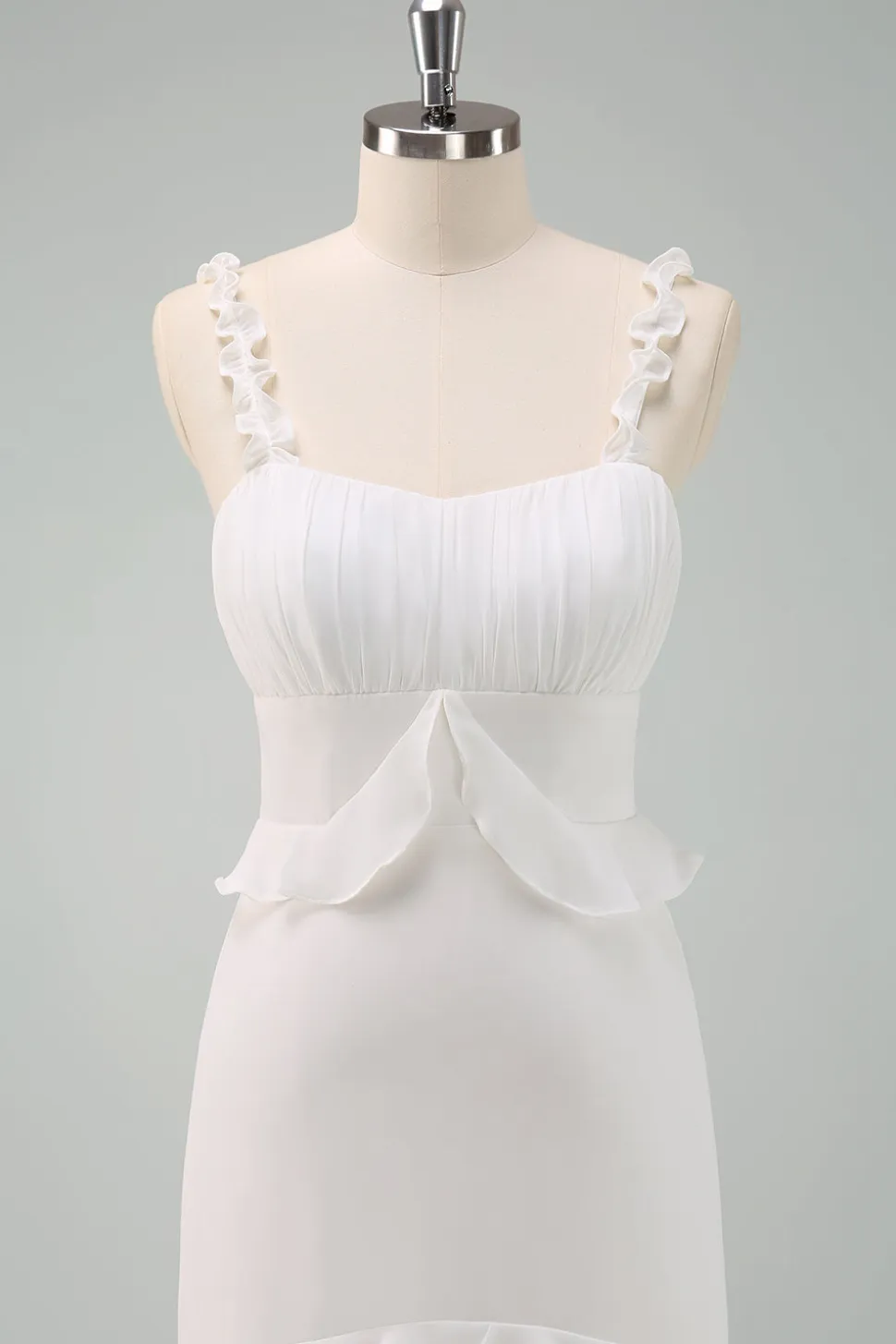 Alças Esparguete Branco Sereia Vestido Longo Baile de Formatura com Folhos
