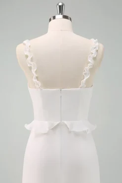 Alças Esparguete Branco Sereia Vestido Longo Baile de Formatura com Folhos
